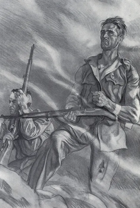Framed Print : Spanish Civil War (1936-1939). March of the southern columns to the front of Madrid (autumn 1936). Drawing by Carlos SAenz de Tejada. Drawing. - J Framed Print : Spanish Civil War (1936-1939). March of the southern columns to the front of Madrid (autumn 1936). Drawing by Carlos SAenz de Tejada. Drawing. - J