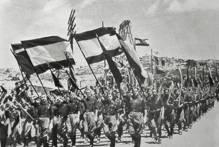 Framed Print : Spanish Civil War (1936-1939). Parade of a column of Falange in Alto de los Leones, commemorating the battles of Guadarrama of 1938. AISA / Everett Collection**US SALES ONLY** Framed Print : Spanish Civil War (1936-1939). Parade of a column of Falange in Alto de los Leones, commemorating the battles of Guadarrama of 1938. AISA / Everett Collection**US SALES ONLY**