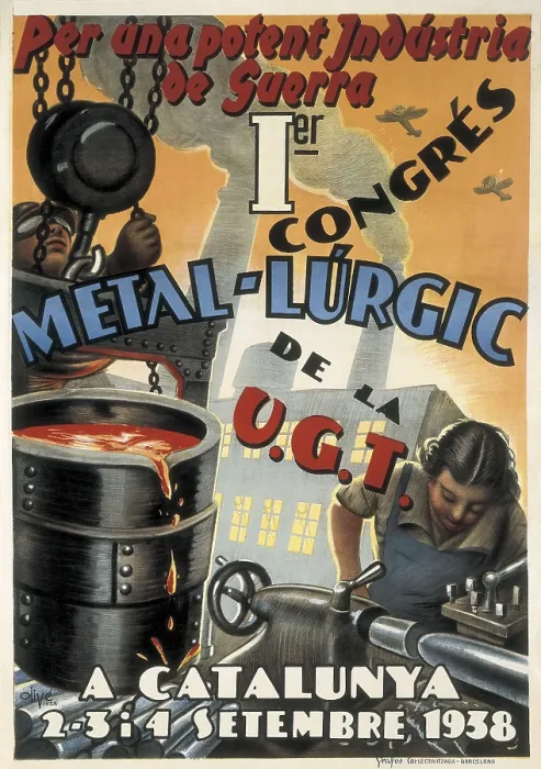 Framed Print : Spanish Civil War (1936-1939). 'Per a una potent indstria de guerra. Ier Congrs Metal.lrgic de la UGT' (For a powerful war industry) Framed Print : Spanish Civil War (1936-1939). 'Per a una potent indstria de guerra. Ier Congrs Metal.lrgic de la UGT' (For a powerful war industry)