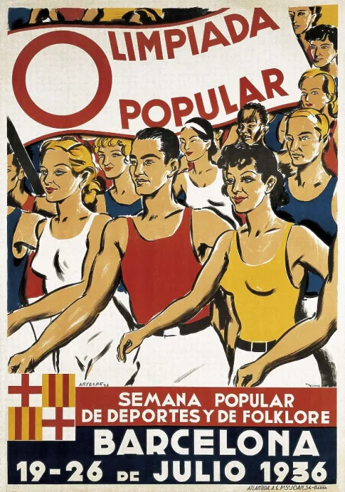 Framed Print : Spanish Civil War (1936-1939). Poster of the Popular Olympic Gamesr, which should be held in Barcelona between 19th and 26th July 1936) by Cristbal Arteche. SPAIN. Salamanca