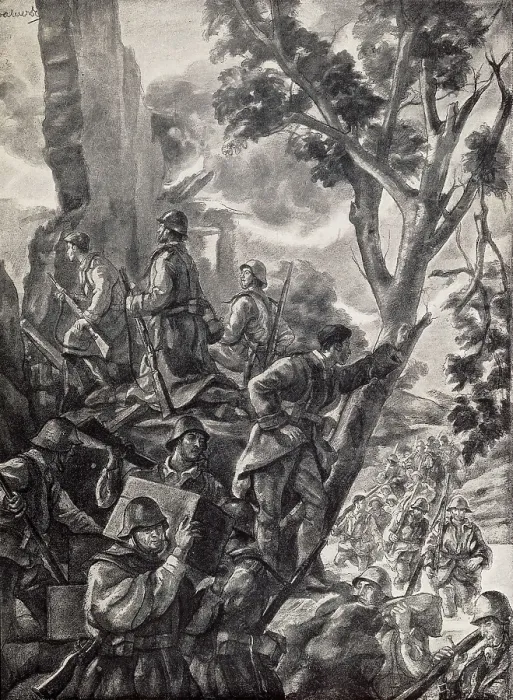 Framed Print : Spanish Civil War (1936-1939). Reconquest of Tardienta (Huesca) by nationalist troops (March 1938). Drawing by Carlos Senz de Tejada. Drawing