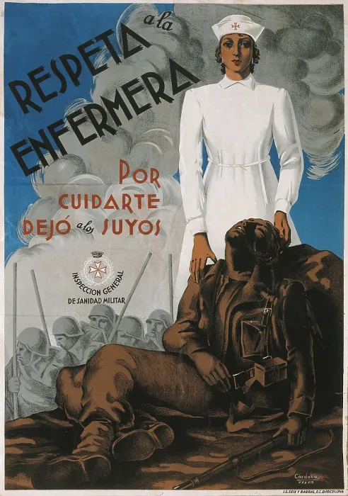 Framed Print : Spanish Civil War (1936-1939). 'Respeta a la enfermera. Por ciudarte dej a los suyos' (Respect the nurse. She left her family to take care of you)