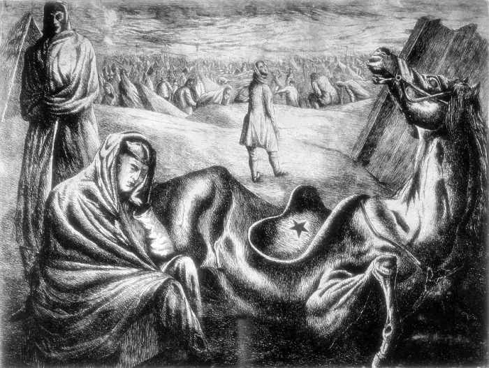 Framed Print : Spanish Civil War. Exiled Spaniards at the concentration camp of Argeles-sur-mer (France). Engraving by Antonio Rodrguez Luna. Etching