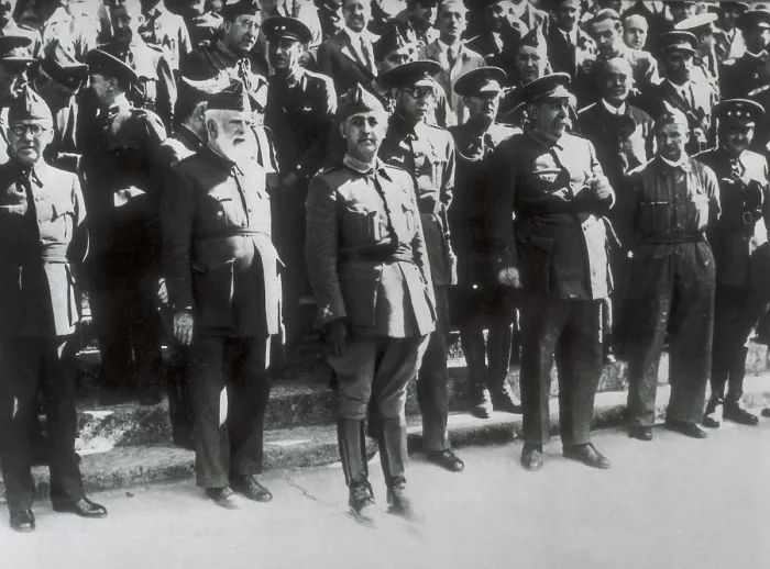 Framed Print : Spanish Civil War. Franco together with the members of the Junta Tcnica del Estado in Burgos, on 11th October 1936, watching a military parade after the transmission of power