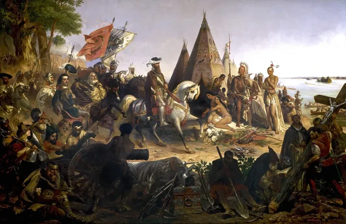 Framed Print : Spanish conquistador and explorer Hernando De Soto (1500-1542), riding a white horse and dressed in Renaissance finery, arrives at the Mississippi River