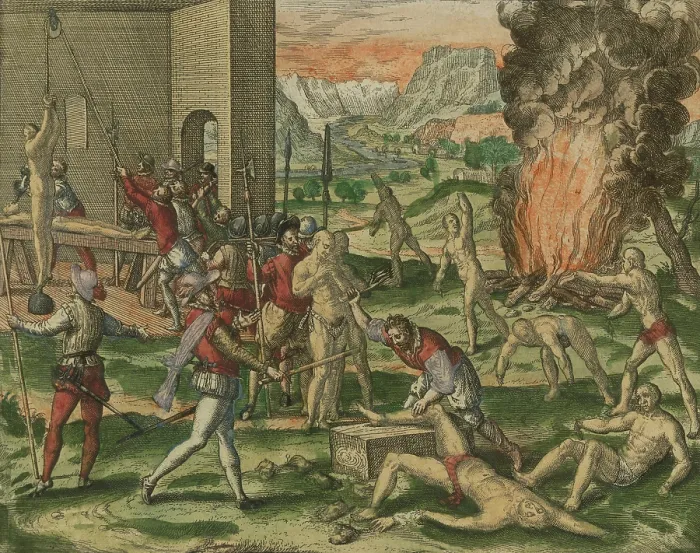 Framed Print : Spanish conquistadors led by Hernando de Soto torture and maim native Americans in his expedition across the American southeast, 1539-1542 Framed Print : Spanish conquistadors led by Hernando de Soto torture and maim native Americans in his expedition across the American southeast, 1539-1542