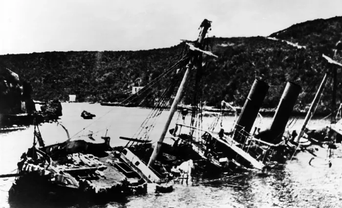 Framed Print : Spanish fleet sunk bay the U.S. naval squadron commanded by George Dewey in Manila Bay, Philippines during the Spanish-American War, 1898