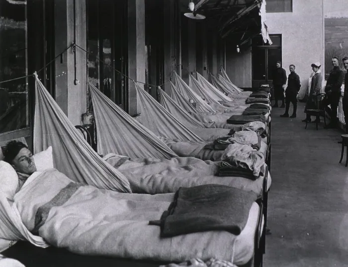 Framed Print : Spanish Flu Epidemic 1918-19. An pneumonia porch at the U. S. Army Camp Hospital in Aix-les-Bains, France, during the Spanish Flu epidemic of 1918-19