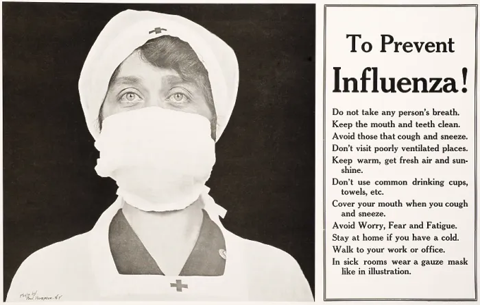 Framed Print : Spanish Flu Epidemic 1918-1919 in America. TO PREVENT INFLUENZA, a Red Cross nurse is pictured with a gauze mask over her nose and mouth Framed Print : Spanish Flu Epidemic 1918-1919 in America. TO PREVENT INFLUENZA, a Red Cross nurse is pictured with a gauze mask over her nose and mouth