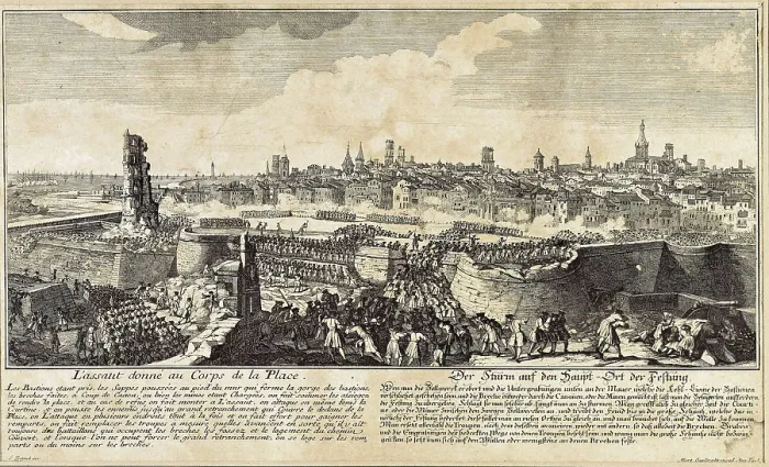 Framed Print : Spanish Succession War. Assault and conquest of Barcelona (11st September 1714). Engraving by Martin Engelbrecht after a drawing by Rigaud. Etching. SPAIN. Barcelona
