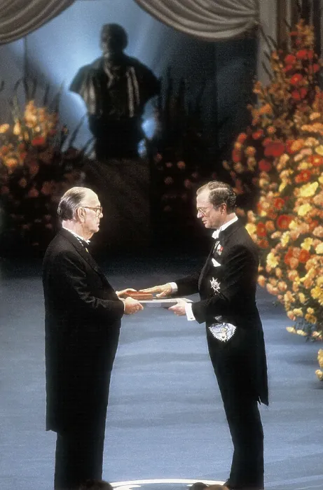 Framed Print : The Spanish writer Camilo Jos Cela (left) receiving the Nobel Prize in Literature from Carl Gustaf of Sweden (1989). AISA / Everett Collection**US SALES ONLY**