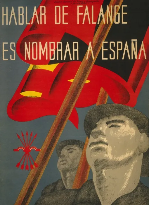 Framed Print : TO SPEAK OF THE FALANGE IS TO NAME SPAIN. Spanish Civil War poster presenting Nationalist propaganda. Poster depicts two men carrying flags
