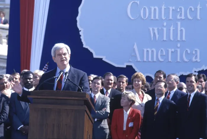 Framed Print : Speaker of the House, Newt Gingrich, promoting his legislative agenda, Contract with America in Sept. 27, 1994. It aimed to constrain government growth Framed Print : Speaker of the House, Newt Gingrich, promoting his legislative agenda, Contract with America in Sept. 27, 1994. It aimed to constrain government growth