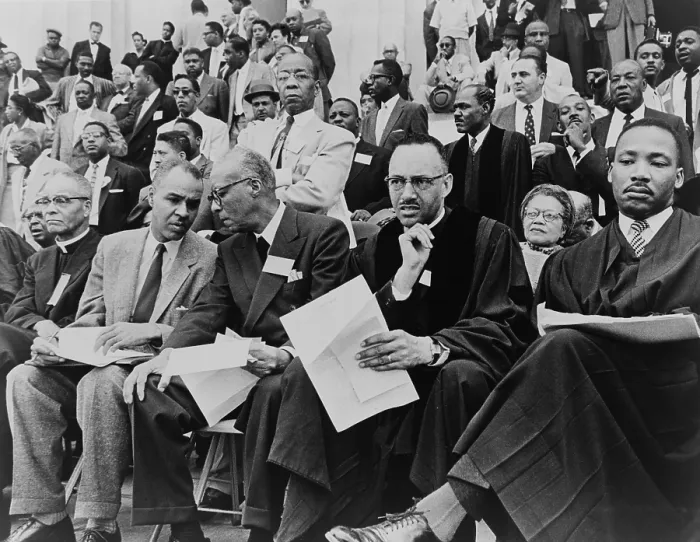 Framed Print : Speakers platform at May 17, 1957 Prayer Pilgrimage for Freedom in Washington, D.C. (L to R): Roy Wilkins, A. Philip Randolph, Rev