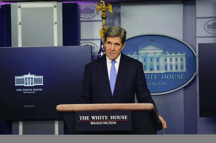 Framed Print : Special Envoy for Climate, John Kerry, meets with reporters, Jan. 27, 2021, at the White House