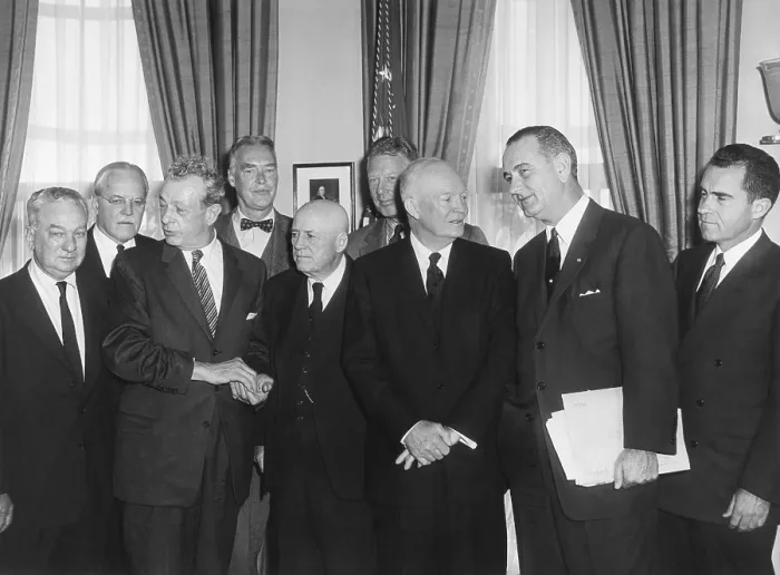 Framed Print : Special meeting of top Legislative and Executive Leadership, March 6, 1959. L-R: Charles Abraham Halleck, House Minority Leader; Allen Dulles, CIA Director; Everett Dirksen, Sen Framed Print : Special meeting of top Legislative and Executive Leadership, March 6, 1959. L-R: Charles Abraham Halleck, House Minority Leader; Allen Dulles, CIA Director; Everett Dirksen, Sen
