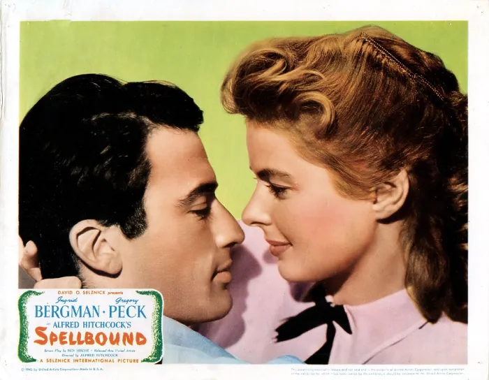 Framed Print : SPELLBOUND, from left: Gregory Peck, Ingrid Bergman on lobbycard, 1945