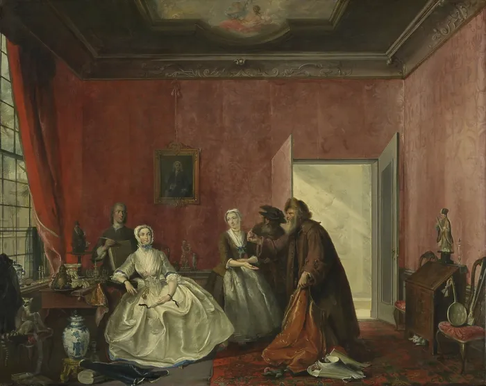 Framed Print : The Spendthrift or the Wasteful Woman, Act III, Scene V, from the play by Thomas Asselijn, by Cornelis Troost, 1741, Dutch painting, oil on panel