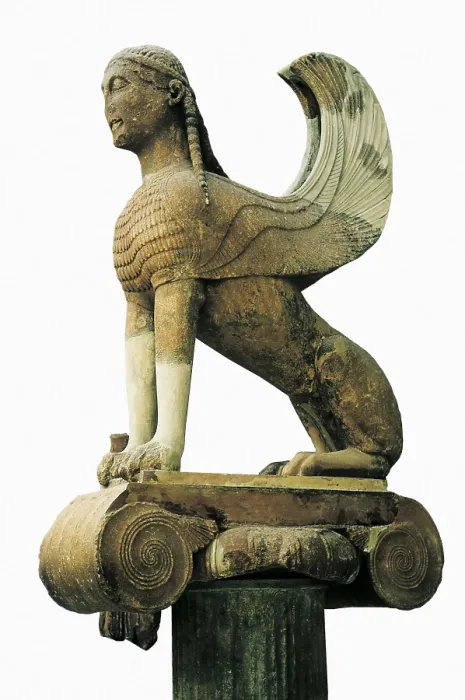 Framed Print : Sphinx of Naxos. ca. 570 BC. Archaic Greek art. Sculpture on marble. GREECE. Delphi. Delphi Museum. Proc: GREECE. Delphi. Temple of Apollo