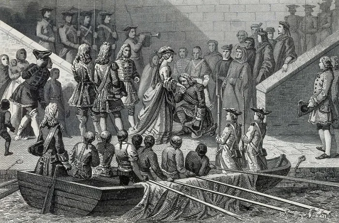 Framed Print : Spian (1713). War of the Spanish Succession. The regent queen Christine of Brnswick, wife of the archduke Charles, leaves Barcelona by ship and goes to Germany. Etching Framed Print : Spian (1713). War of the Spanish Succession. The regent queen Christine of Brnswick, wife of the archduke Charles, leaves Barcelona by ship and goes to Germany. Etching