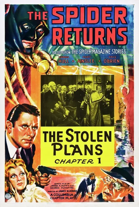 Framed Print : THE SPIDER RETURNS, left from top: Warren Hull, Warren Hull, Mary Ainslee, in Chapter 1: The Stolen Plans on poster art, 1941