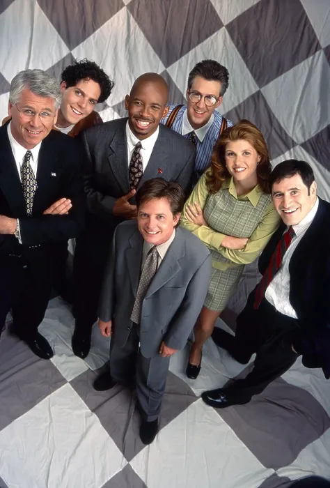 Framed Print : SPIN CITY, from left: Barry Bostwick, Alexander Chaplin, Michael Boatman, Michael J. Fox (front), Alan Ruck (back), Connie Britton, Richard Kind, (1996), 1996-2002 Framed Print : SPIN CITY, from left: Barry Bostwick, Alexander Chaplin, Michael Boatman, Michael J. Fox (front), Alan Ruck (back), Connie Britton, Richard Kind, (1996), 1996-2002