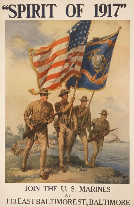 Framed Print : SPIRIT OF 1917. Marines on a beach, carrying rifles and flags. American World War 1 recruiting poster by Howard Chandler Christy, 1917 (BSLOC_2017_1_51)