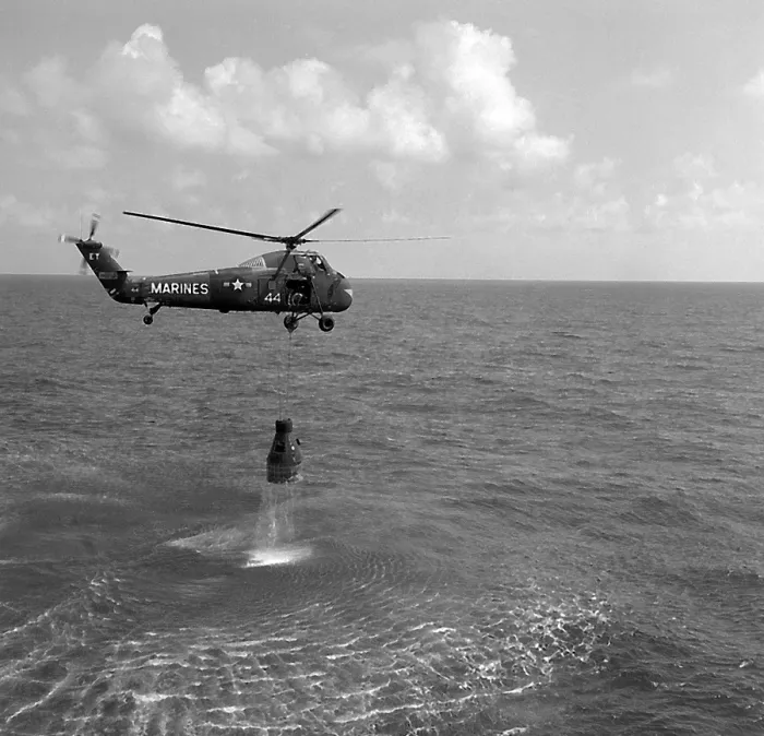 Framed Print : After splashdown recovery of the Freedom 7 space capsule by a U.S. Marine helicopter