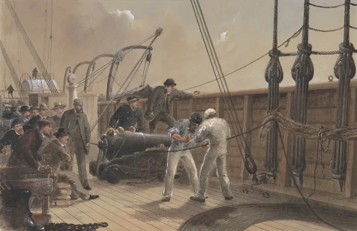 Framed Print : Splicing the Cable on Board the Great Eastern, July 25, 1865, watercolor painting by British artist, Robert Charles Dudley Framed Print : Splicing the Cable on Board the Great Eastern, July 25, 1865, watercolor painting by British artist, Robert Charles Dudley