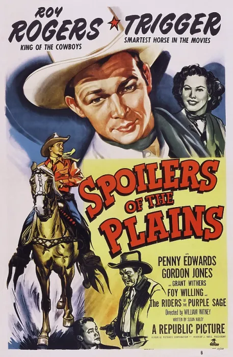 Framed Print : SPOILERS OF THE PLAINS, top l-r: Roy Rogers, Penny Edwards, bottom l-r: Roy Rogers, Trigger, Grant Withers on poster art, 1951