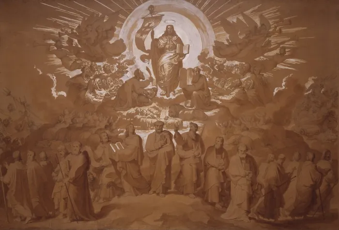 Framed Print : The Spreading of Christianity or The Mission of the Apostles, by Tommaso Minardi, 1848 - 1858, 19th century, black pencil, watercolor, white lead and ochra on ivory paper