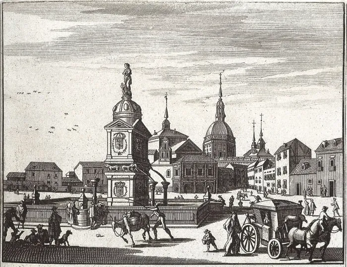 Framed Print : Square and Barley Fountain in Madrid. Picture for the 'Voyage pittoresque en l'Espagne et Portugal' by Alexandre de Laborde (1813). Engraving. SPAIN. Madrid