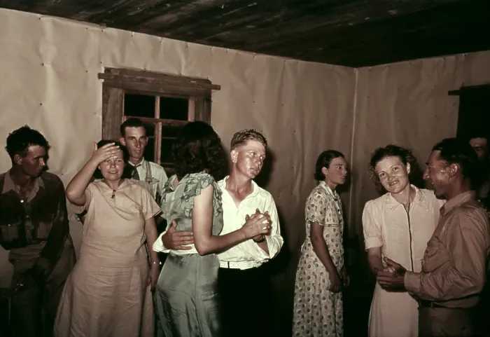 Framed Print : Square dance in rural home in McIntosh County Oklahoma. They dance in a simple interior with butcher paper covered walls. Ca. 1938-39