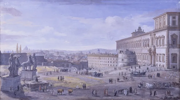 Framed Print : Square and Montecavallo Palace, by Gaspar Van Wittel also known as Gaspare Vanvitelli, 17th Century, oil on canvas - Private Collection. Whole artwork view Framed Print : Square and Montecavallo Palace, by Gaspar Van Wittel also known as Gaspare Vanvitelli, 17th Century, oil on canvas - Private Collection. Whole artwork view