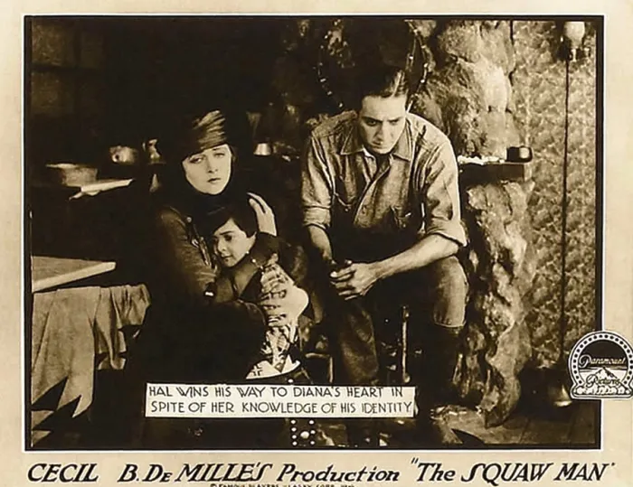 Framed Print : THE SQUAW MAN, l-r: Katherien MacDonald, Pat Moore, Elliott Dexter on lobbycard, 1914