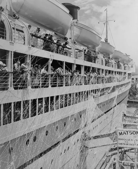 Framed Print : S.S. Lurline leaving Honolulu in the 1930s. Serpentine streams down her sides, and passengers wear fragrant flower leis as she pulls away from the pier. - (BSLOC_2015_1_234) Framed Print : S.S. Lurline leaving Honolulu in the 1930s. Serpentine streams down her sides, and passengers wear fragrant flower leis as she pulls away from the pier. - (BSLOC_2015_1_234)