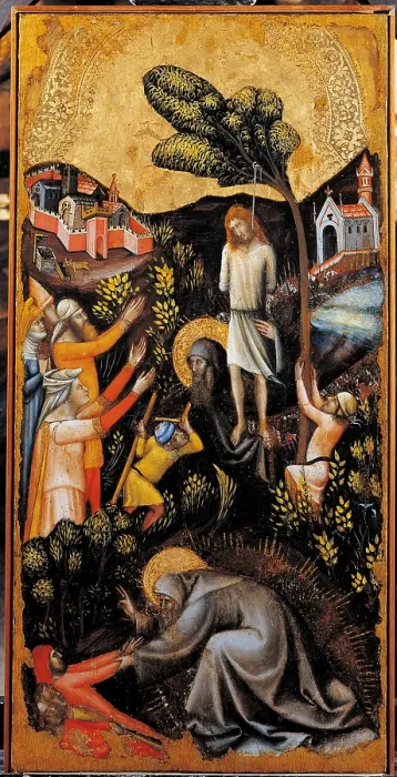 Framed Print : St Anthony the Abbot holds Effrons body St Anthony the Abbot resuscitates three men killed by the wild animals, by Vitale degli Equi known as Vitale da Bologna, 1340 about Framed Print : St Anthony the Abbot holds Effrons body St Anthony the Abbot resuscitates three men killed by the wild animals, by Vitale degli Equi known as Vitale da Bologna, 1340 about