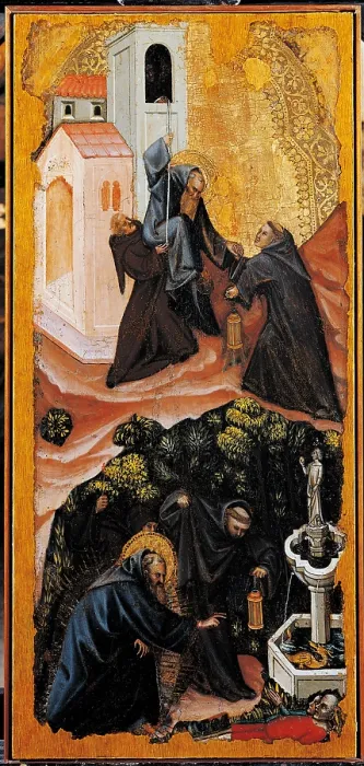 Framed Print : St Anthony the Abbot leaves the Monastery of Patras St Anthony the Abbot defeats the dragon that appears in a source, by Vitale degli Equi known as Vitale da Bologna, 1340 about