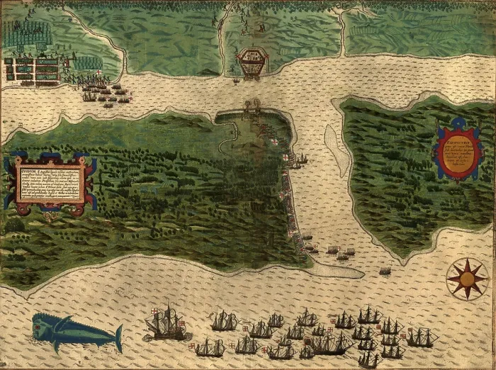 Framed Print : St. Augustine, Florida, showing Sir Francis Drakes ships attacking the Spanish fortifications. This is the earliest image of St