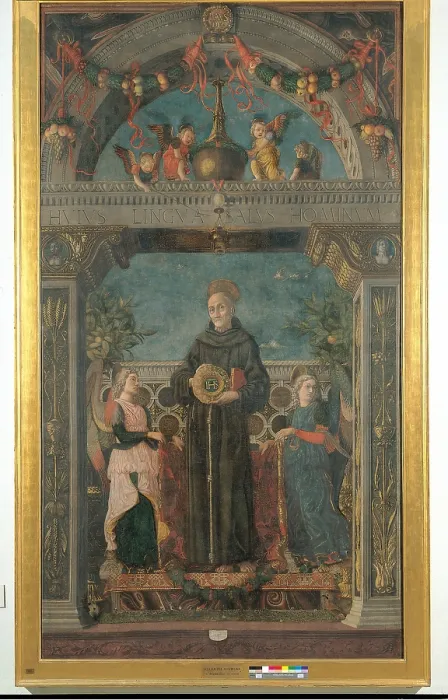 Framed Print : St Bernardine of Siena and Angels, by attributed to Andrea Mantegna, 1469 about, 15th Century, tempera on canvas, cm 385 x 220 - Italy, Lombardy, Milan, Brera art gallery. All Framed Print : St Bernardine of Siena and Angels, by attributed to Andrea Mantegna, 1469 about, 15th Century, tempera on canvas, cm 385 x 220 - Italy, Lombardy, Milan, Brera art gallery. All