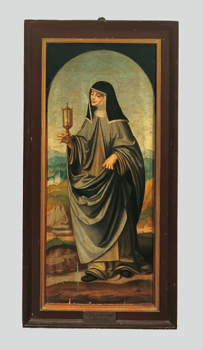 Framed Print : St Clare, by Marco dOggiono, 16th Century, oil on poplar wood panel, - Italy, Lombardy, Milan, Archbishops Palace. On loan from Pinacoteca Brera. Full view
