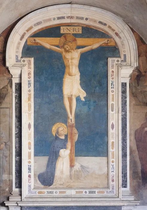 Framed Print : St Dominic at the feet of Jesus Crucified, by Guido di Pietro (Piero) known as Beato Angelico, 1438 - 1446 about, 15th Century, curved fresco with marble frame