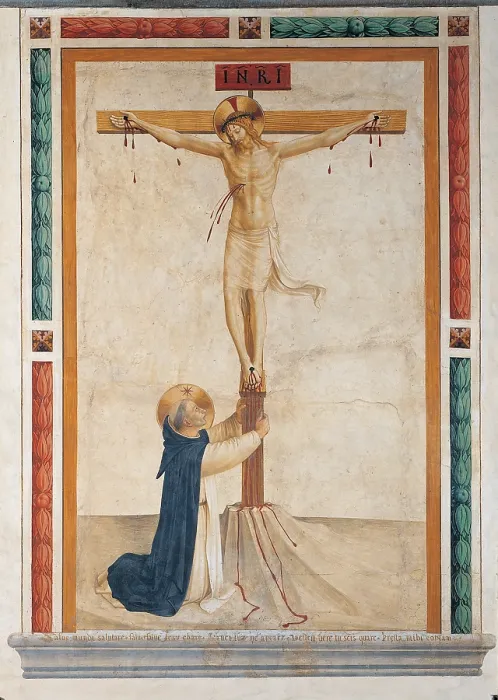 Framed Print : St Dominic Prays Embracing the Crucifix, by Guido di Pietro (Piero) known as Beato Angelico, 1438 - 1446 about, 15th Century, fresco, - Italy, Tuscany, Florence