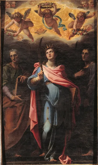 Framed Print : St Domitilla between Saints Nereus and Achilleus, by Cristoforo Roncalli, 17th Century, oil on canvas, - Italy, Lazio, Rome, Santi Nereo e Achilleo Church. All