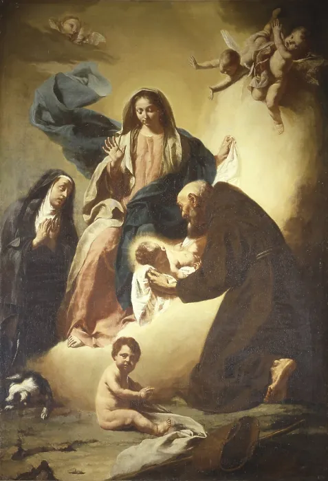 Framed Print : St. Felix of Cantalice receives Christ Child from the Madonna with St. Margaret of Cortona, by Giuseppe Angeli, 1744, 18th century, oil on canvas Framed Print : St. Felix of Cantalice receives Christ Child from the Madonna with St. Margaret of Cortona, by Giuseppe Angeli, 1744, 18th century, oil on canvas
