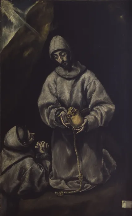 Framed Print : St. Francis meditating on death, by Workshop of Domenico Theotokpoulos known as El Greek, 16th century, oil on canvas. - Italy, Lombardy, Milan, Brera Collection