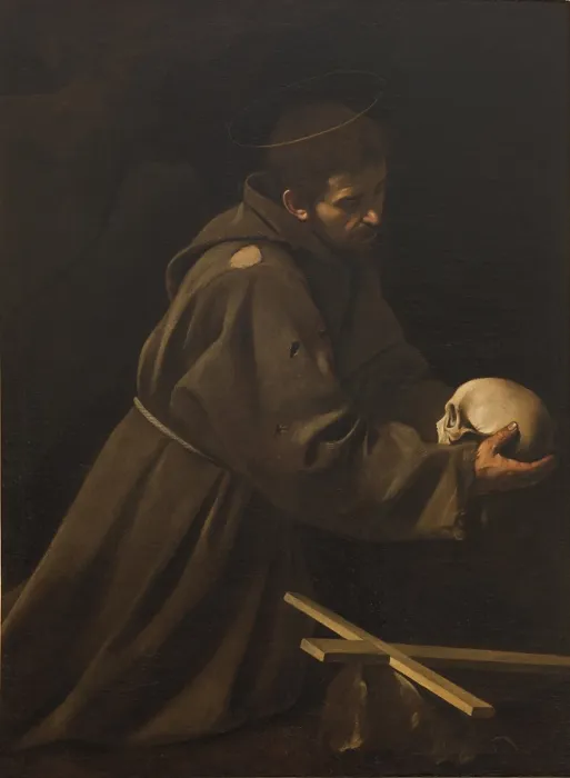 Framed Print : St Francis in Meditation, by Michelangelo Merisi known as Caravaggio, 1606 - 1614, 17th Century, oil on canvas, cm 128, 2 x 97, 4 - Italy, Lazio, Rome Framed Print : St Francis in Meditation, by Michelangelo Merisi known as Caravaggio, 1606 - 1614, 17th Century, oil on canvas, cm 128, 2 x 97, 4 - Italy, Lazio, Rome
