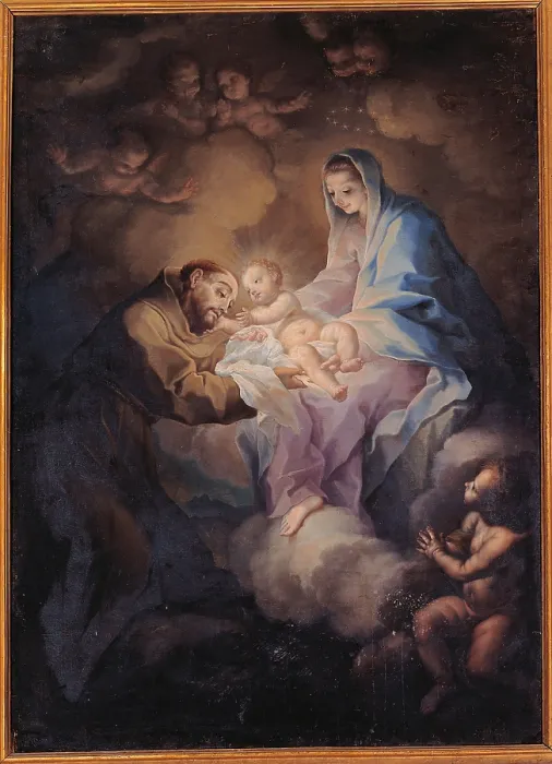 Framed Print : St Francis Receives the Child by Madonna, by Giuseppe Nicola Nasini, 17th Century, - Italy, Umbria, Perugia, Assisi, San Francesco Basilica, Convent. All