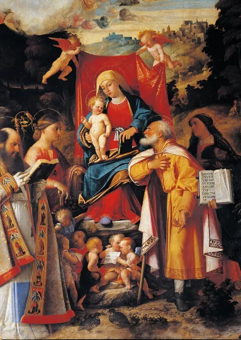 Framed Print : St Gotthard Altarpiece Madonna Enthroned with Angels and Saints, by Giovanni Busi known as Cariani, 1500 - 1550 about, 16th Century, oil on canvas, cm 270 x 211 - Italy, Lombardy