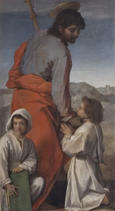 Framed Print : St. James (San Jacopo), by Andrea del Sarto, 1528-1529, 16th Century, oil on board, 159 x 86 cm - Italy, Tuscany, Florence, Uffizi Gallery. Whole artwork view. St Framed Print : St. James (San Jacopo), by Andrea del Sarto, 1528-1529, 16th Century, oil on board, 159 x 86 cm - Italy, Tuscany, Florence, Uffizi Gallery. Whole artwork view. St